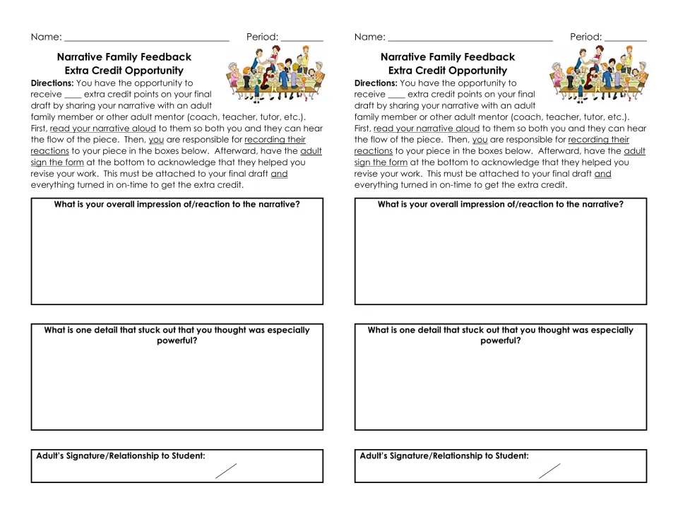 Narrative feedback: students read their story aloud to an adult, record the adult's reaction and one powerful detail