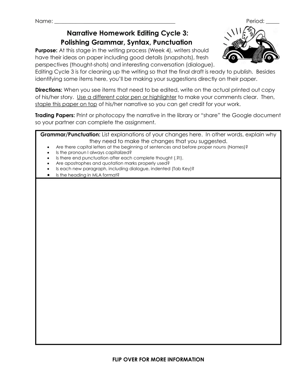 Narrative peer-editing sheet: directions and checks for capitalization, punctuation, paragraphs, and MLA heading.