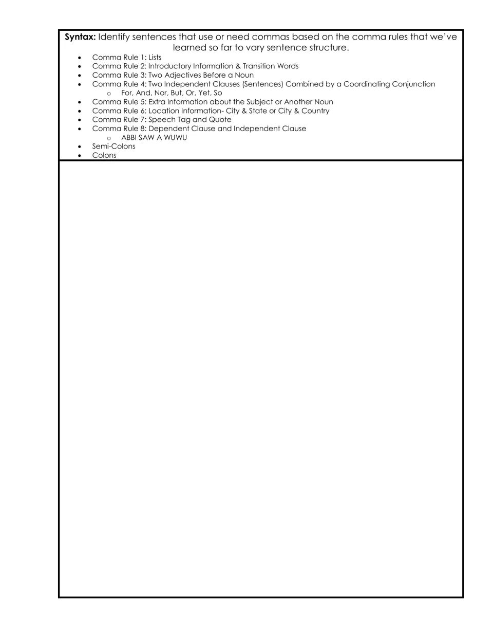 Narrative peer-editing continuation: syntax checks covering eight comma rules, semicolons, and colons.