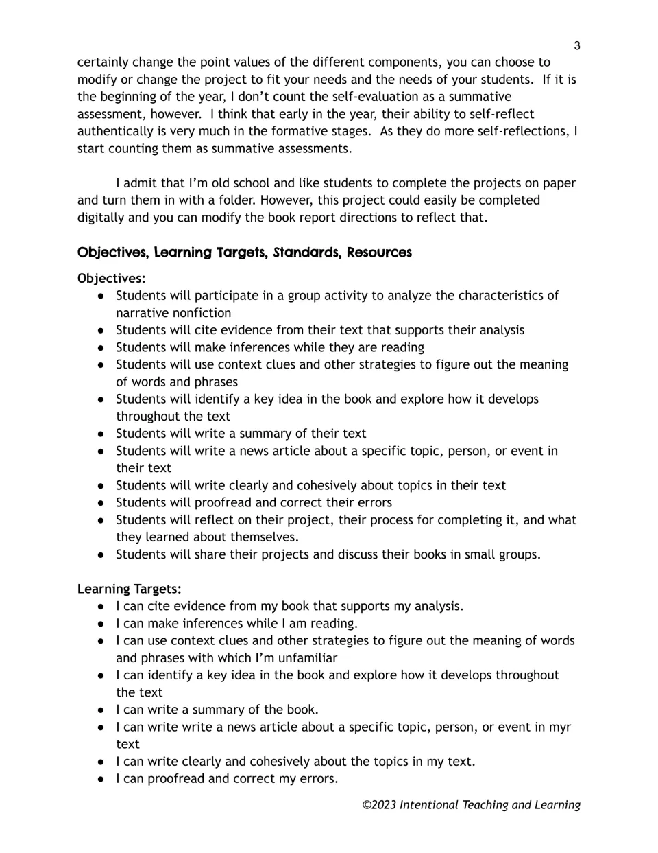 Unit objectives and 'I can' learning targets: citing evidence, inferring, context clues, summarizing and news writing