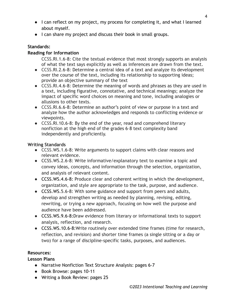 Common Core Reading for Information and Writing standards for grades 6-8, followed by the start of the lesson plan list