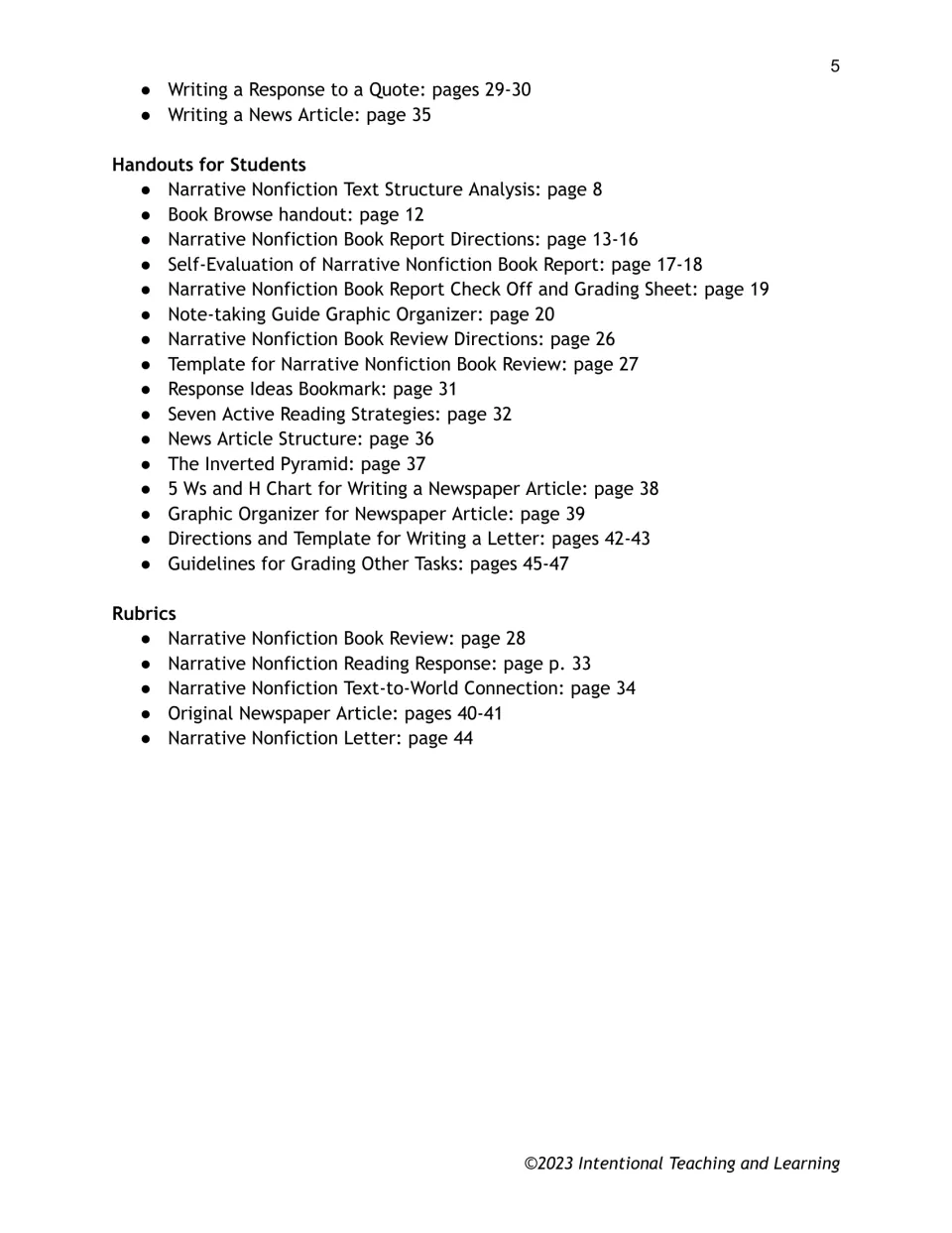 Resource list giving page numbers for the remaining lesson plans, 16 student handouts and 5 rubrics in the unit