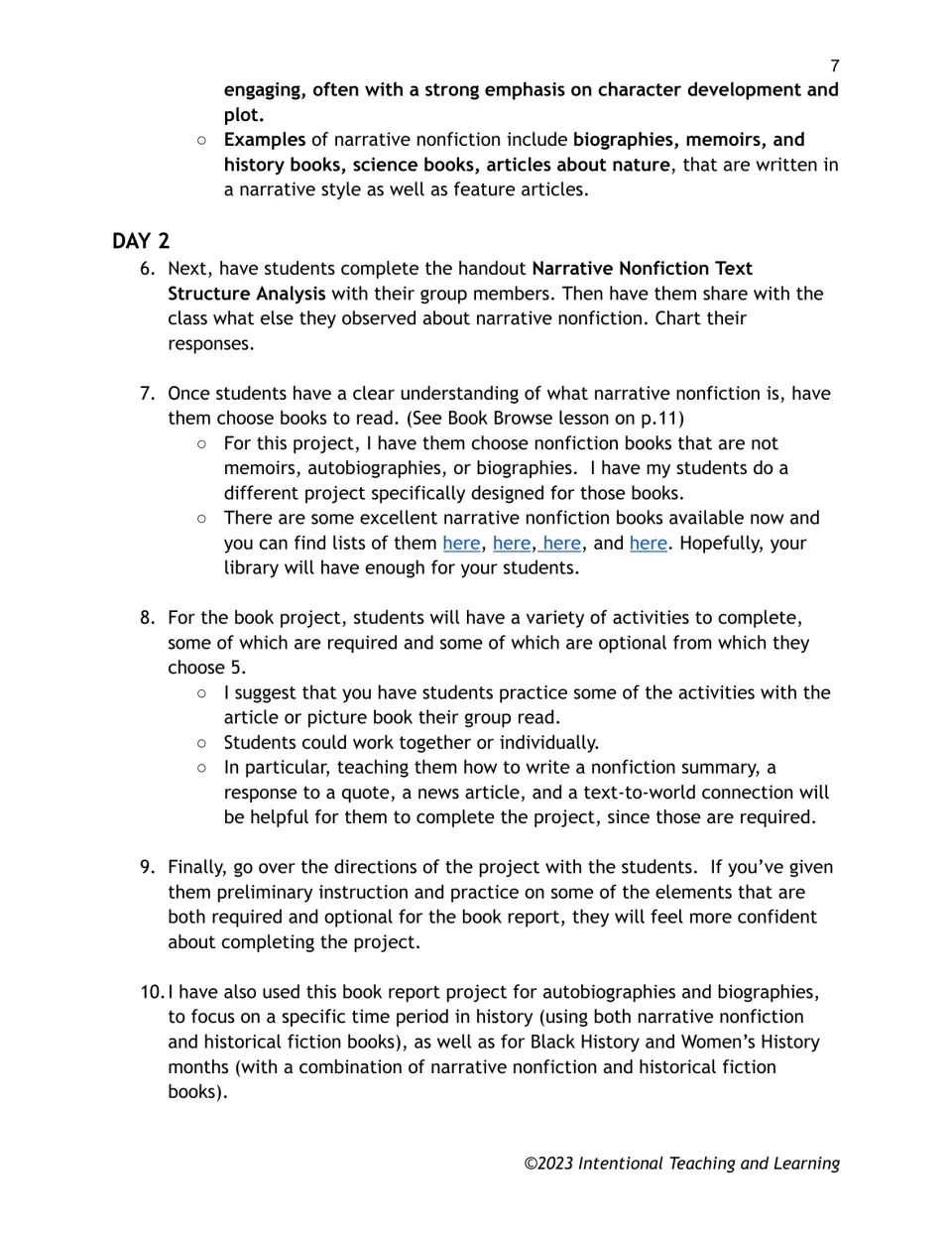 Lesson Plan 1, Day 2: groups complete the text structure handout, choose books and get an overview of required tasks