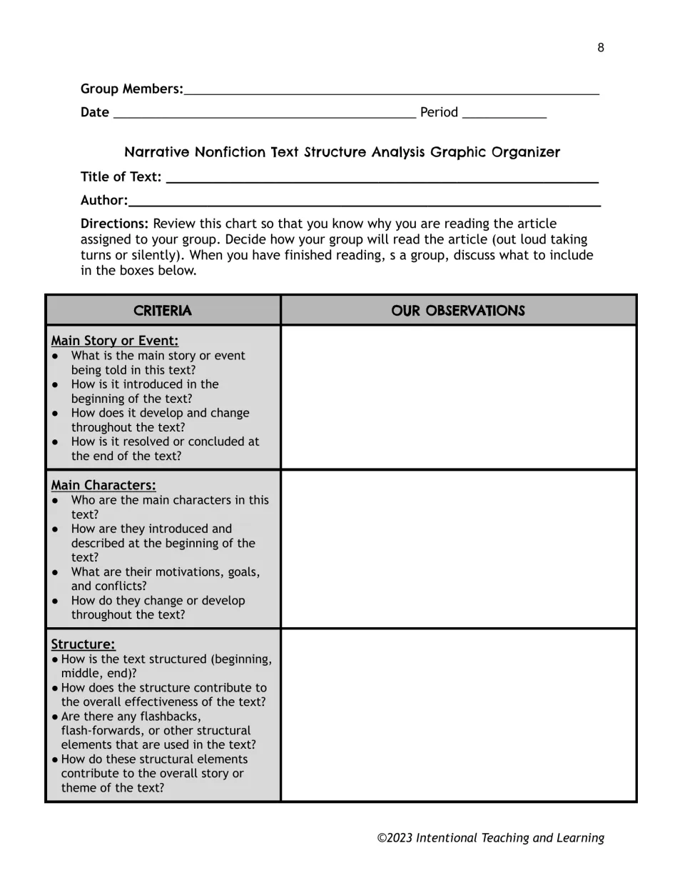 Text structure analysis: groups read an assigned article and note its main story, main characters and structure