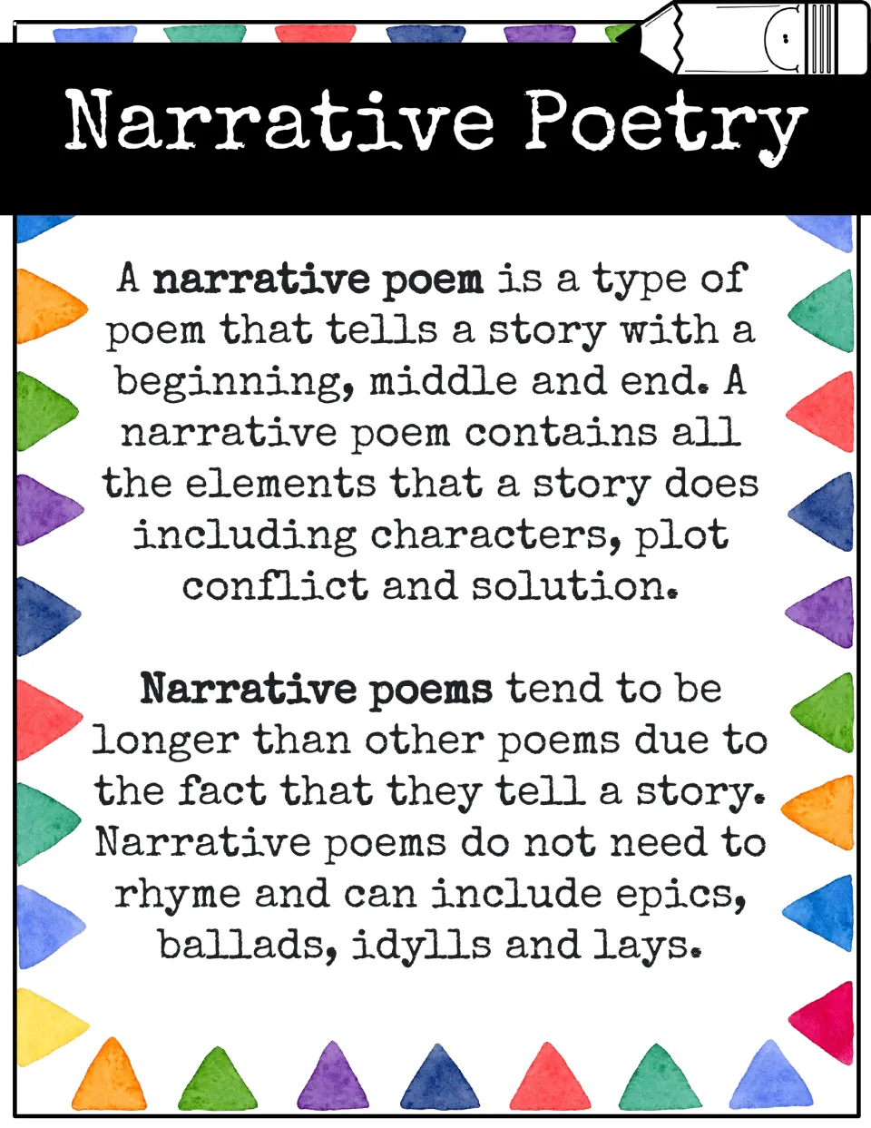 Narrative poetry definition poster: a poem that tells a story with characters, plot, conflict and solution; need not rhyme