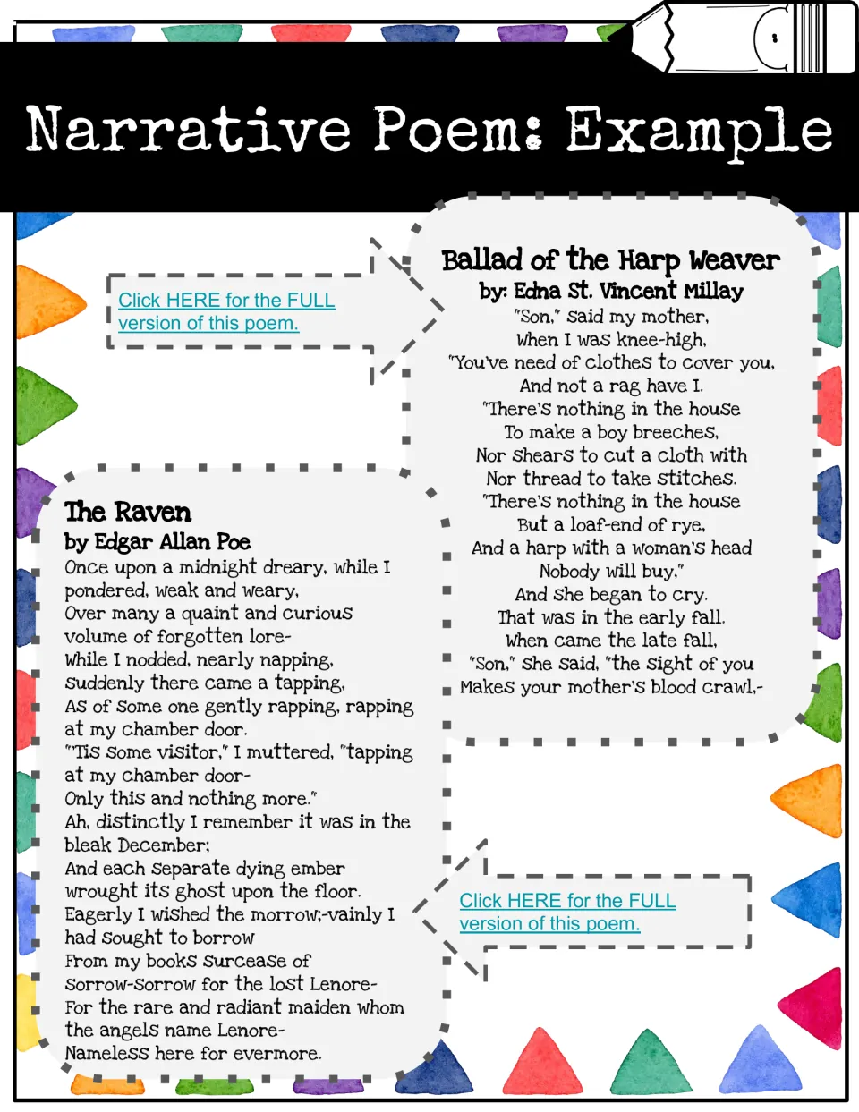 Narrative poem examples: excerpts of The Raven by Poe and Ballad of the Harp Weaver by Millay, with full-poem links