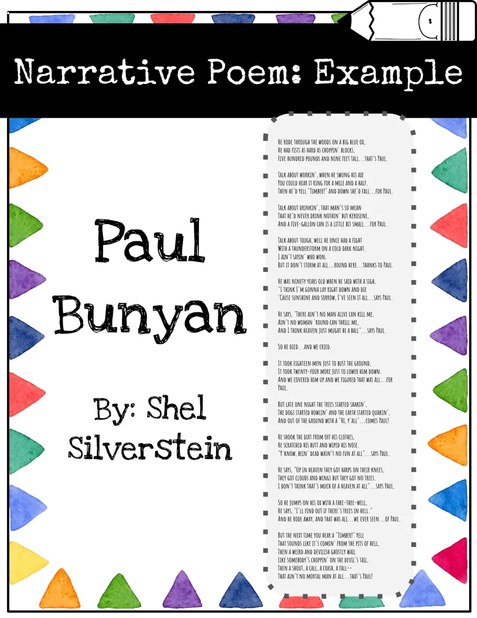 Narrative poem example: Paul Bunyan by Shel Silverstein, a tall tale in verse about Paul, his axe and his big blue ox