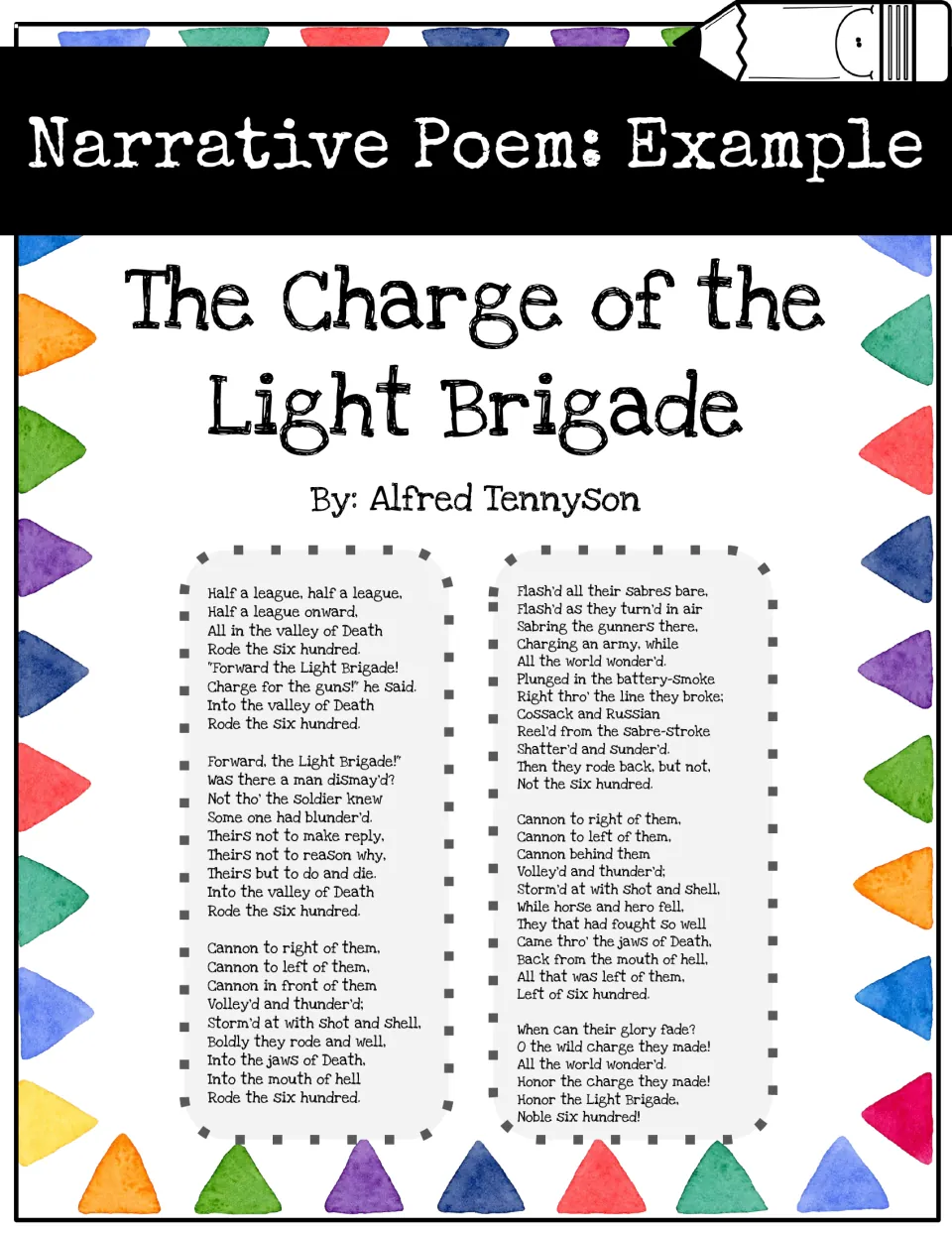Narrative poem example: The Charge of the Light Brigade by Alfred Tennyson, the full poem about the six hundred riders