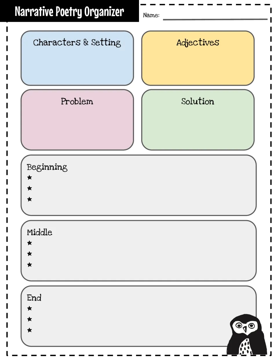 Narrative poetry organizer: students plan characters and setting, adjectives, problem, solution, beginning, middle and end