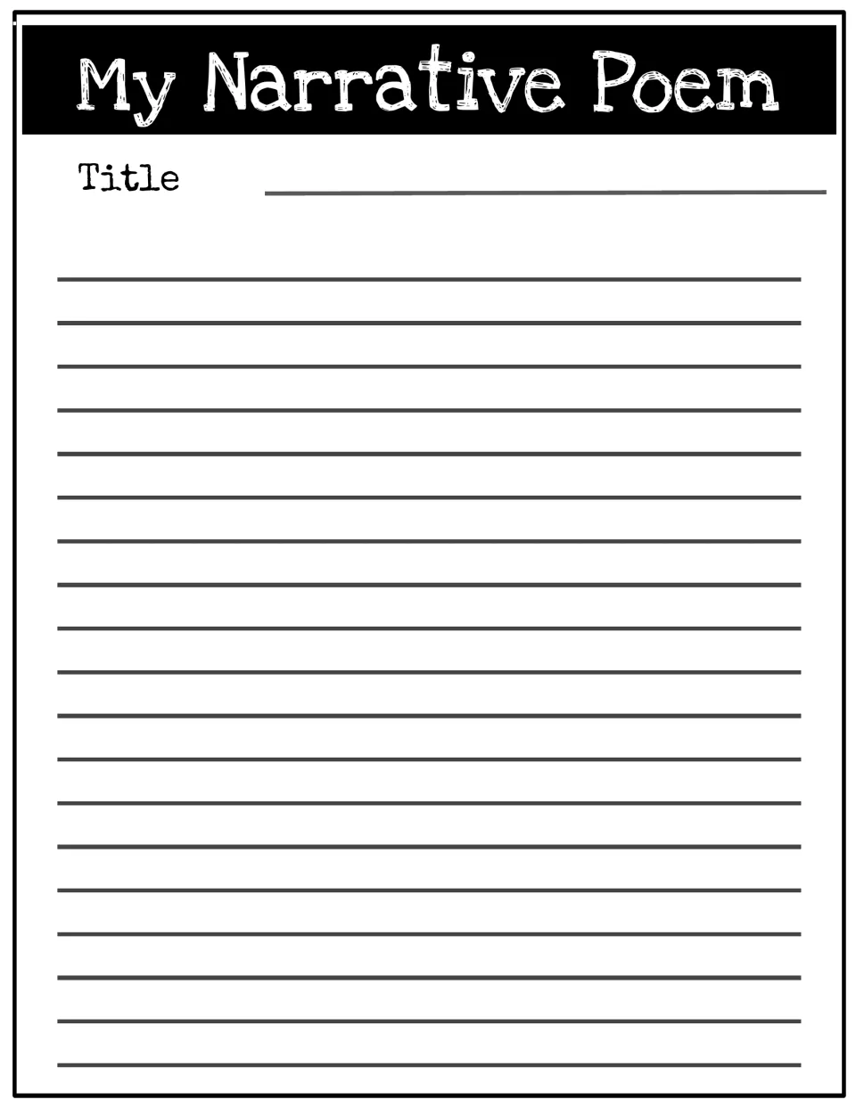 My Narrative Poem writing page: students add a title and write the first part of a longer poem, with no drawing space
