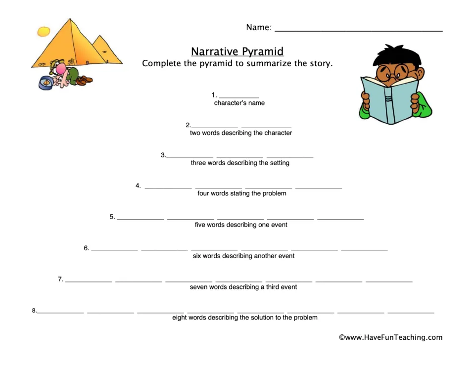 Story summary organizer: eight prompts for a character, setting, problem, three events, and solution.