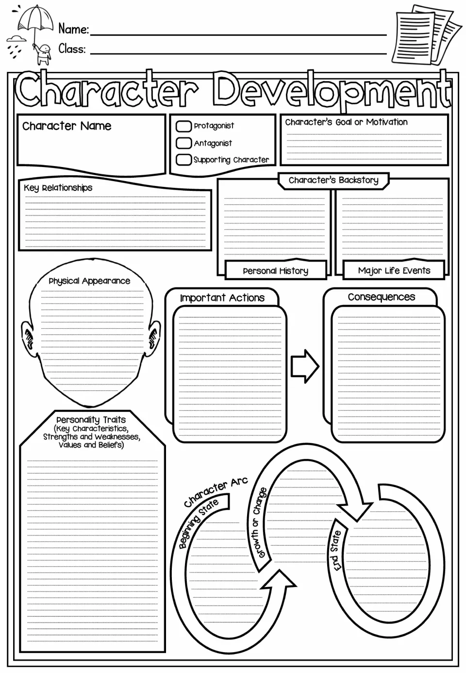 Character development, lined version: students write about a character's goal, relationships, history and arc