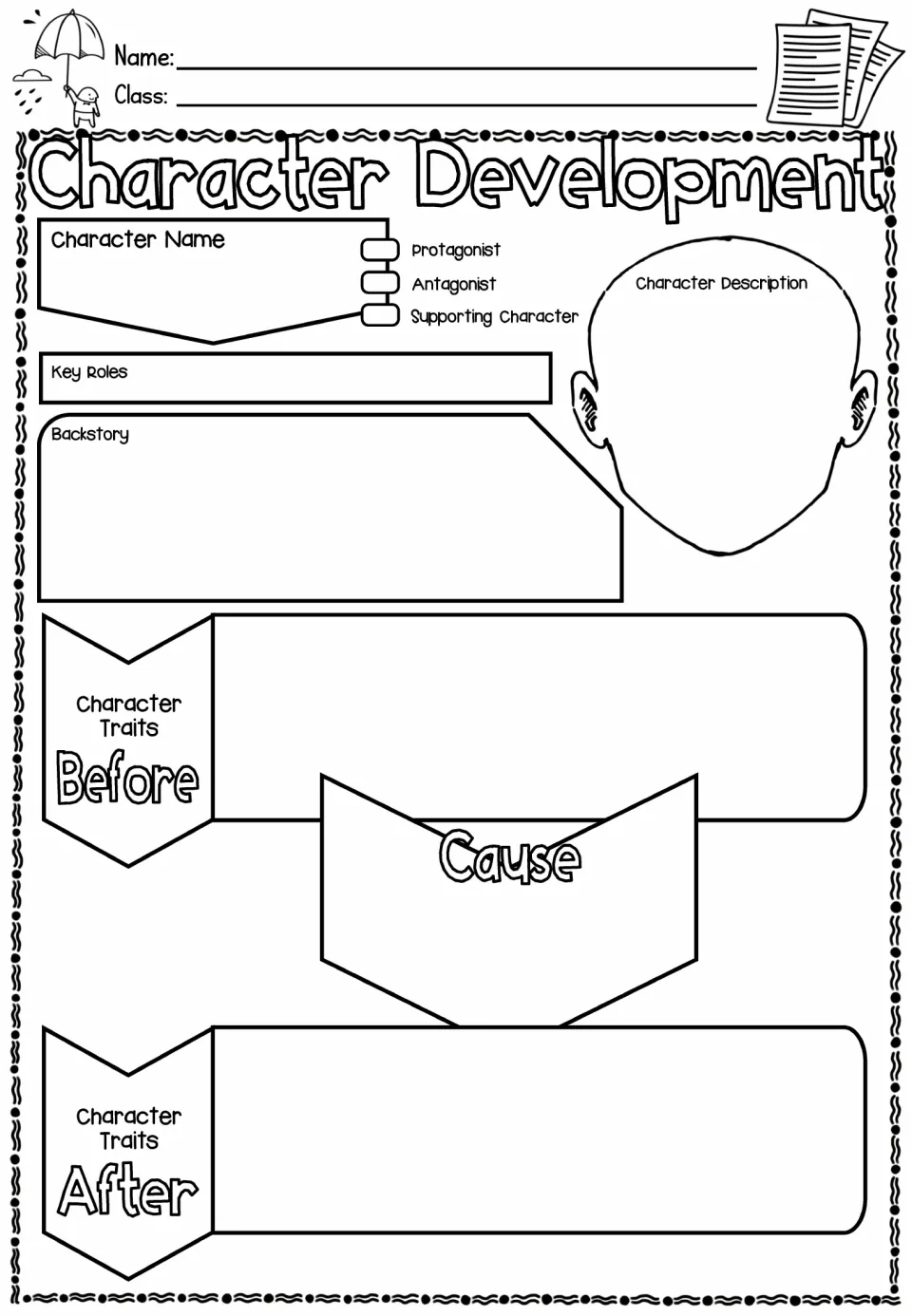 Character change: students record a character's role and backstory, then traits before and after and what caused it