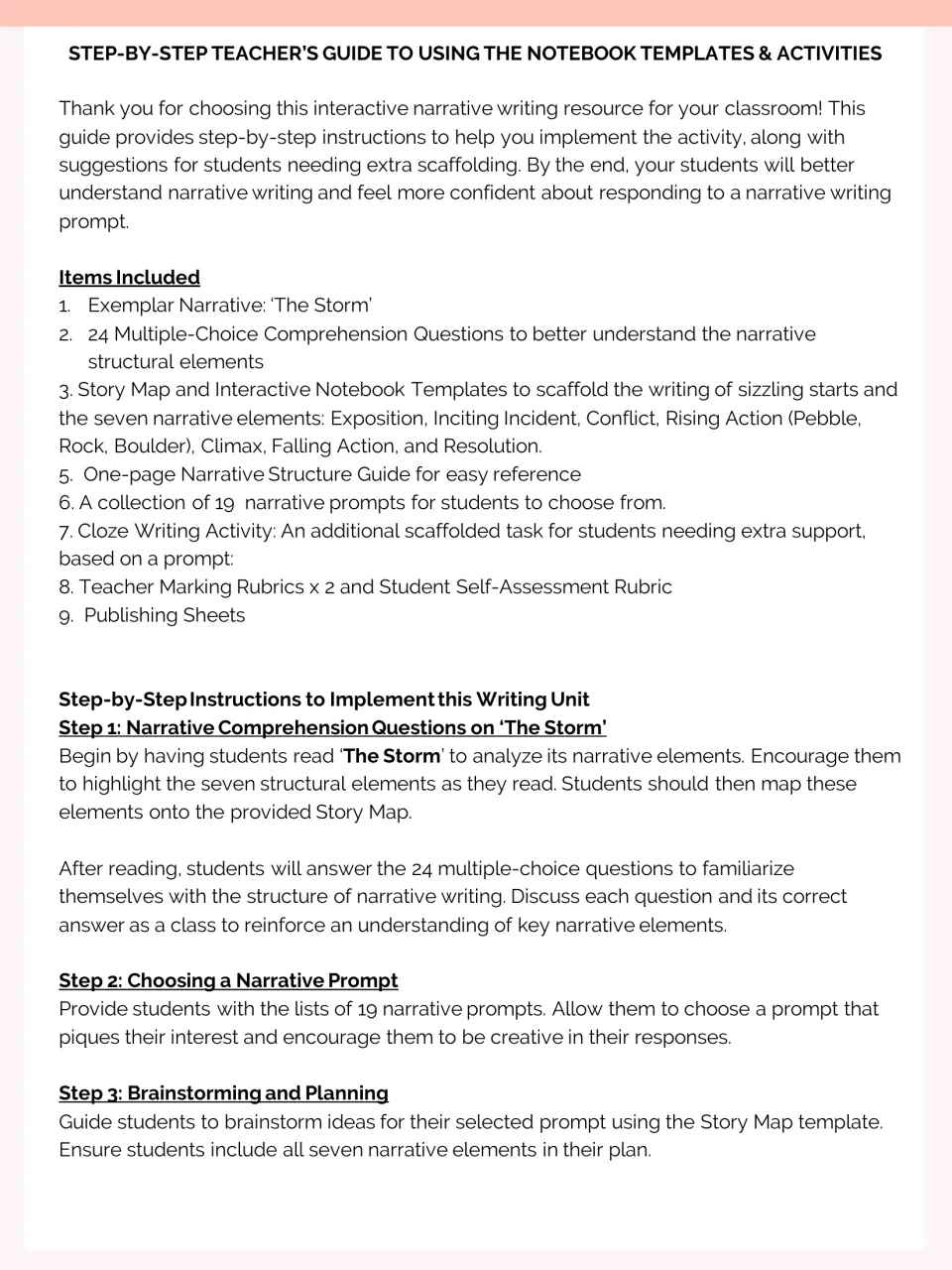 Teacher guide lists unit materials and steps for reading The Storm, choosing a prompt, and planning a story