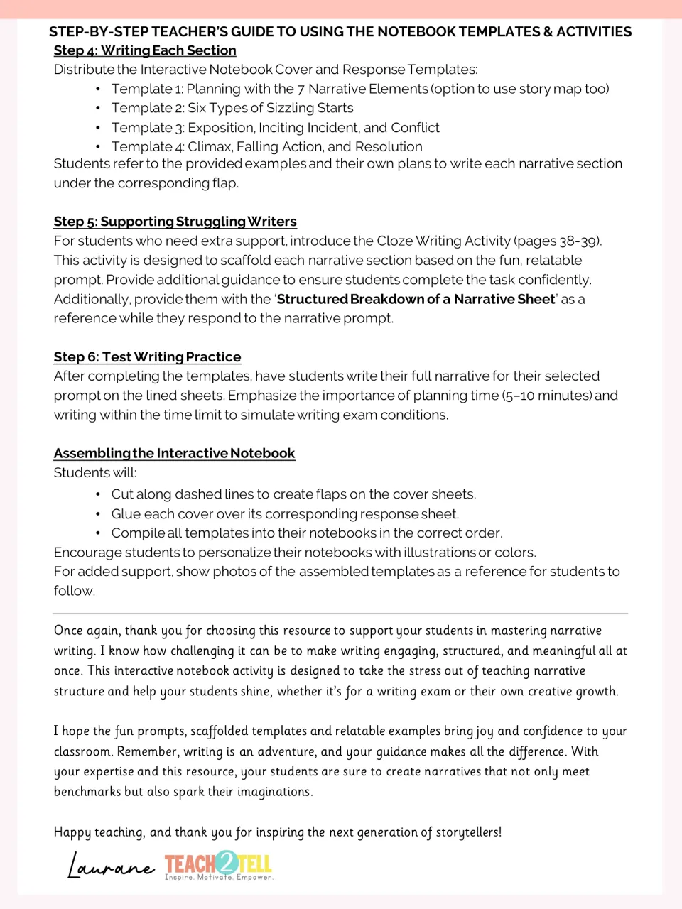 Teacher guide explains notebook writing, cloze support, timed writing practice, and flap assembly
