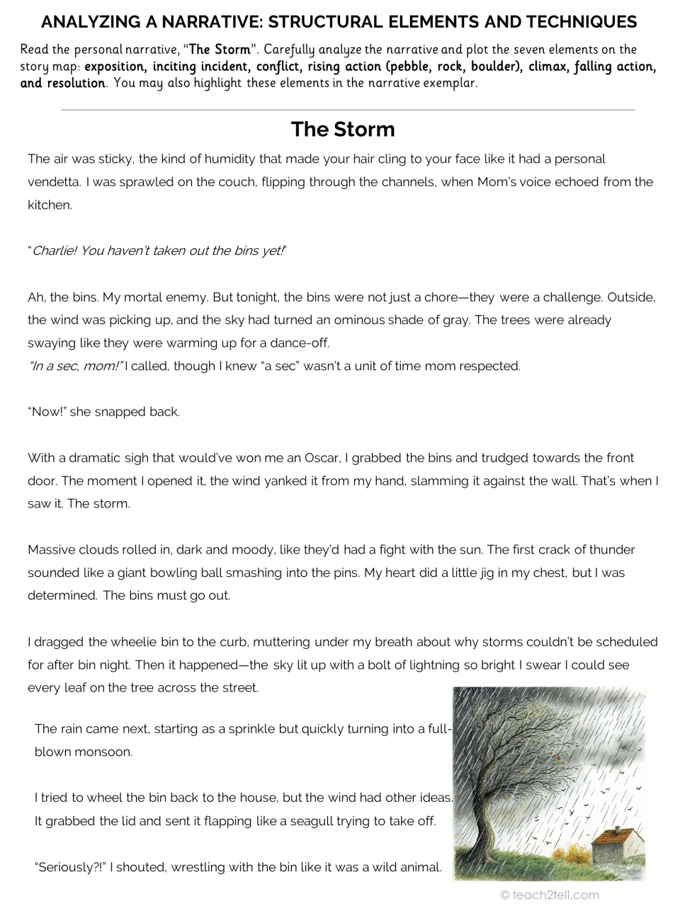 The Storm model narrative begins with Charlie taking out the trash as wind, thunder, and rain intensify