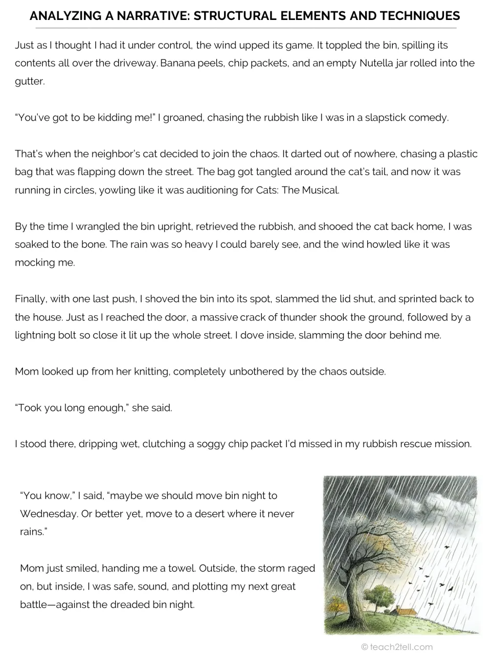 The Storm model narrative concludes as Charlie gathers spilled trash, escapes indoors, and jokes with Mom