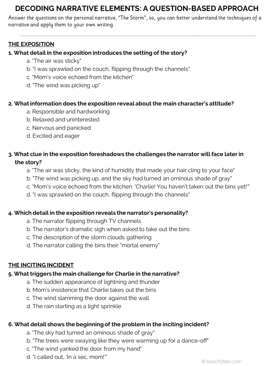 Narrative analysis questions 1–6 examine The Storm's setting, character, foreshadowing, and inciting incident