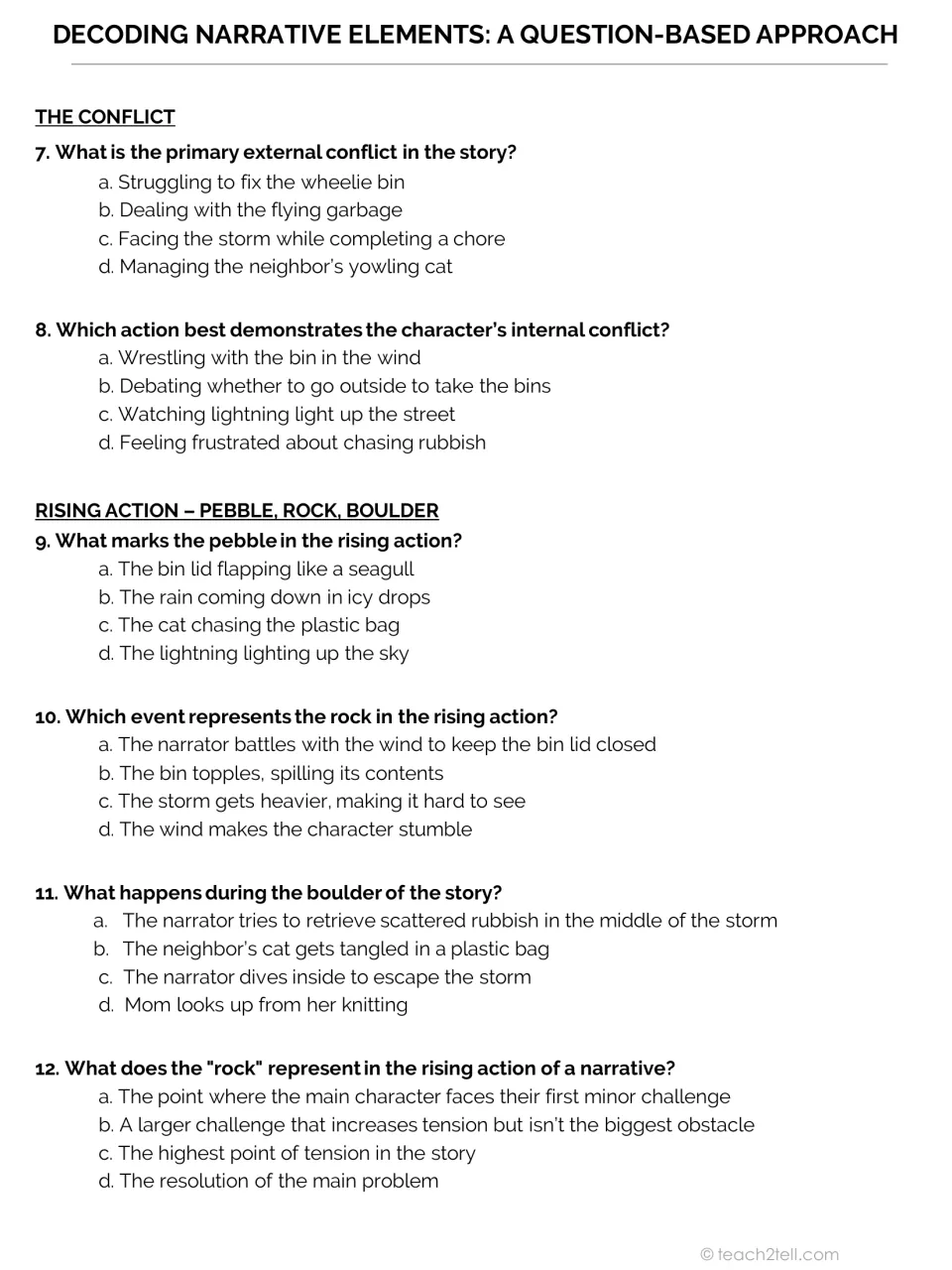 Narrative analysis questions 7–12 examine internal and external conflict and pebble, rock, boulder events