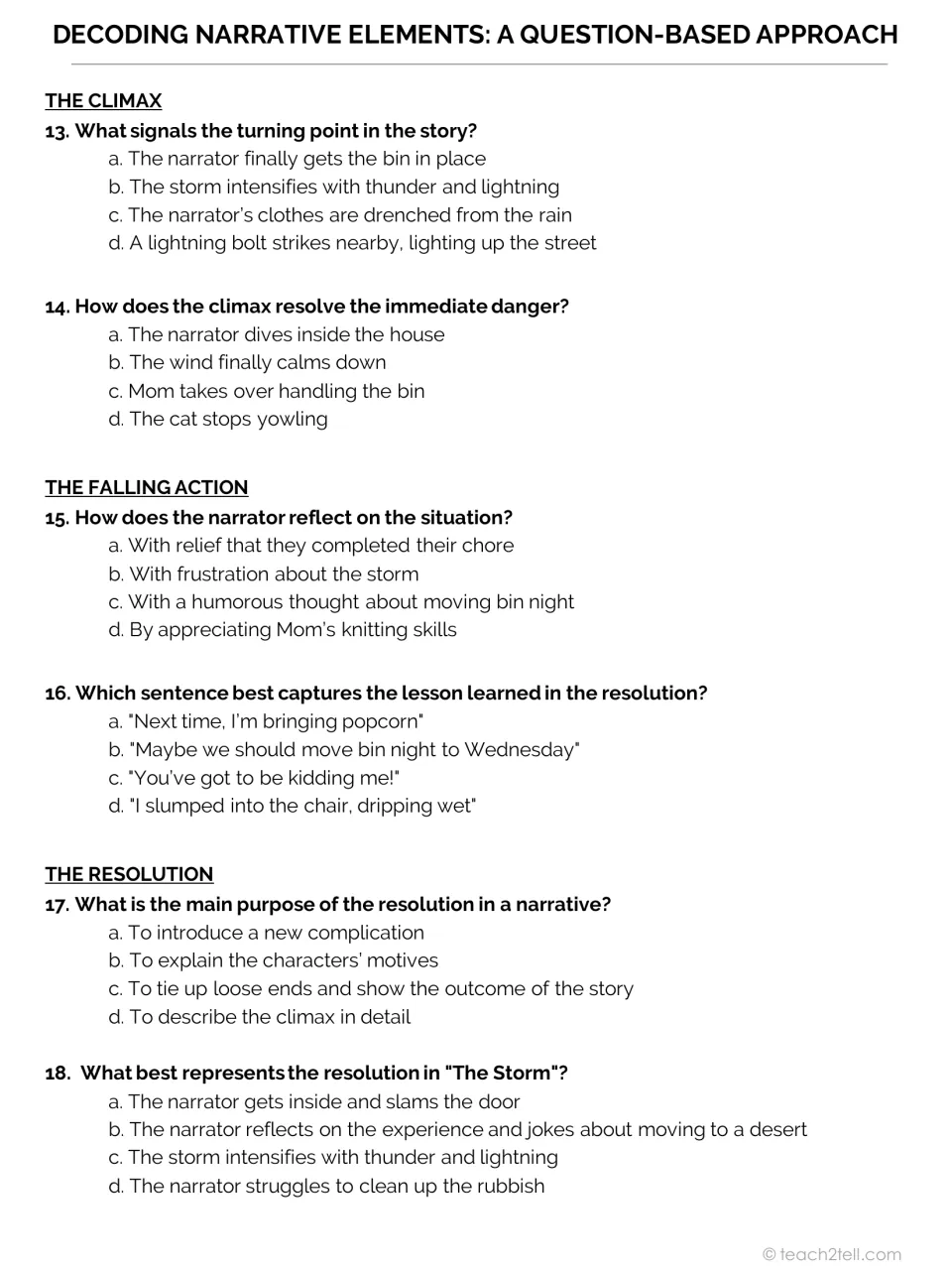 Narrative analysis questions 13–18 examine The Storm's turning point, falling action, and resolution