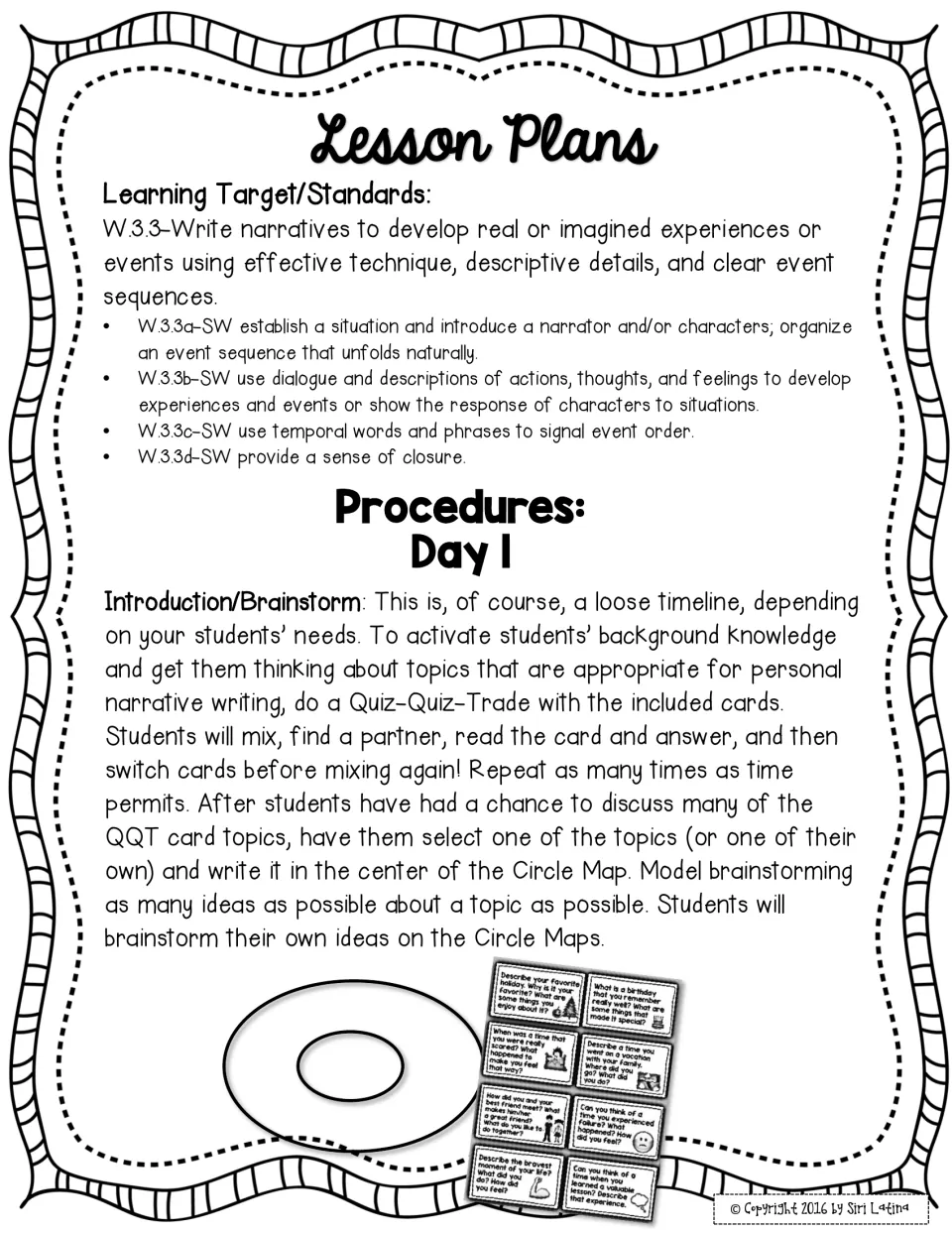 Day 1 lesson plan: Quiz-Quiz-Trade with personal narrative topic cards, then brainstorming one topic on a Circle Map