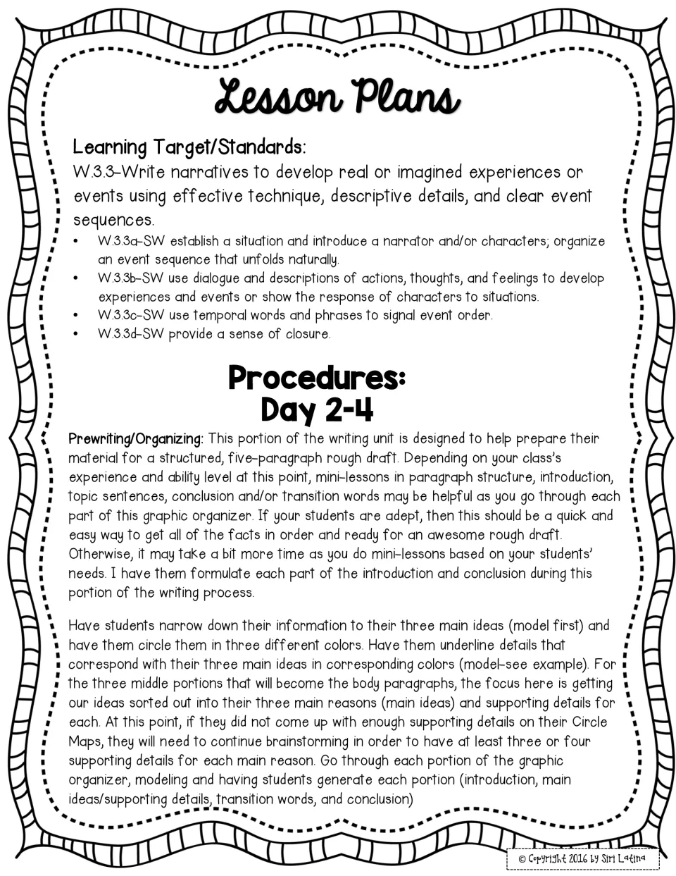 Days 2-4 lesson plan: prewriting with a graphic organizer, sorting three main ideas and color-coding supporting details