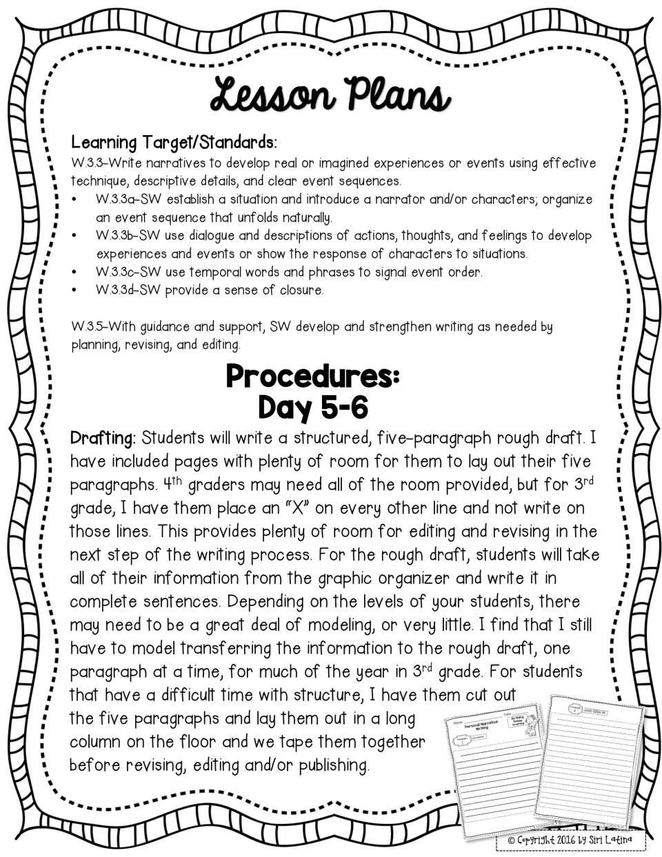 Days 5-6 lesson plan: drafting a five-paragraph rough draft from the organizer, skipping lines to leave room for edits