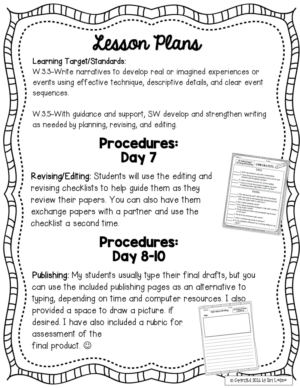 Days 7-10 lesson plan: revising and editing with checklists and a partner, then publishing final drafts with a rubric