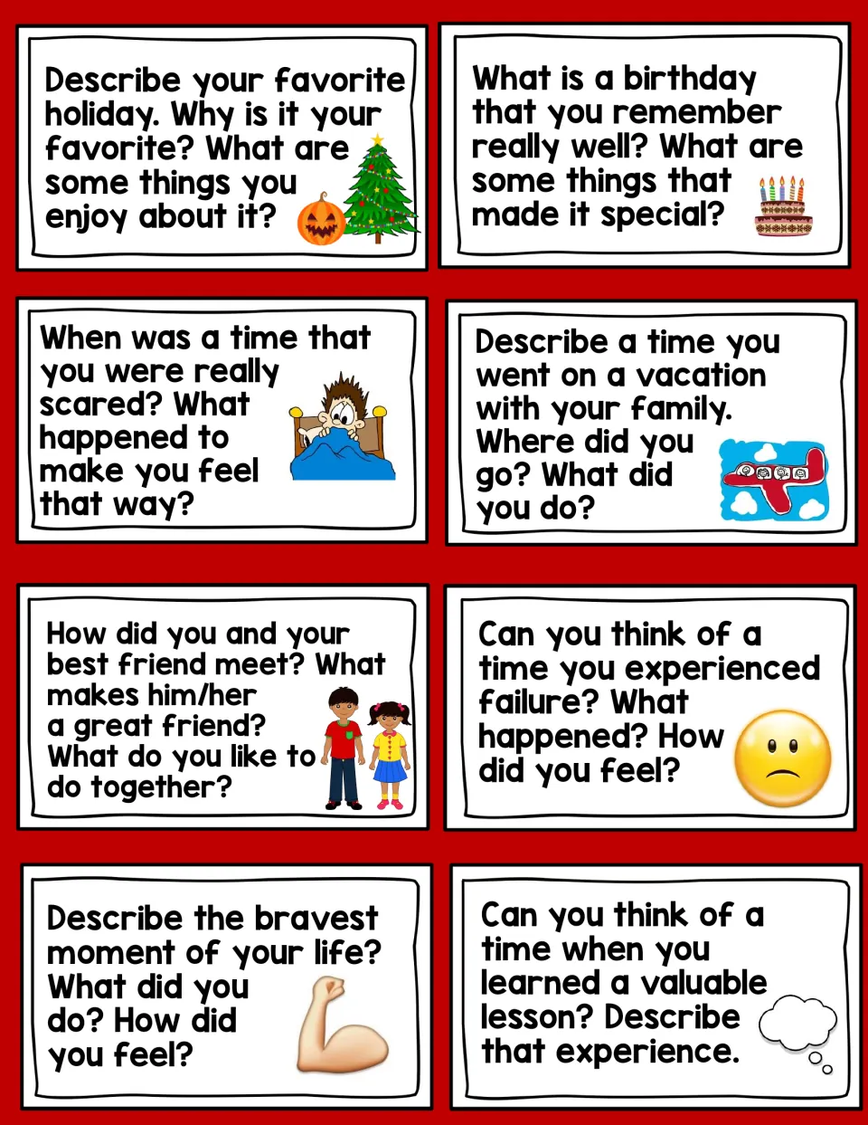 Personal narrative topic cards: 8 prompts on a favorite holiday, a birthday, being scared, a vacation and a brave moment