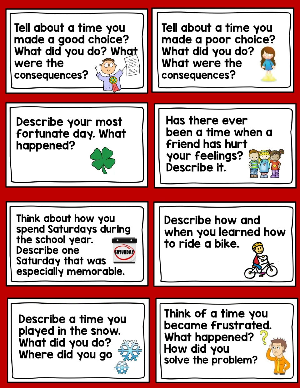Narrative topic cards: 8 prompts on good and poor choices, a lucky day, hurt feelings, riding a bike and playing in snow