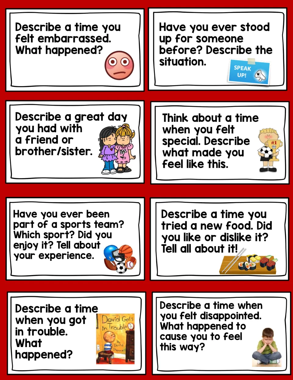 Story prompt cards: 8 questions on feeling embarrassed, standing up for someone, a new food and getting in trouble