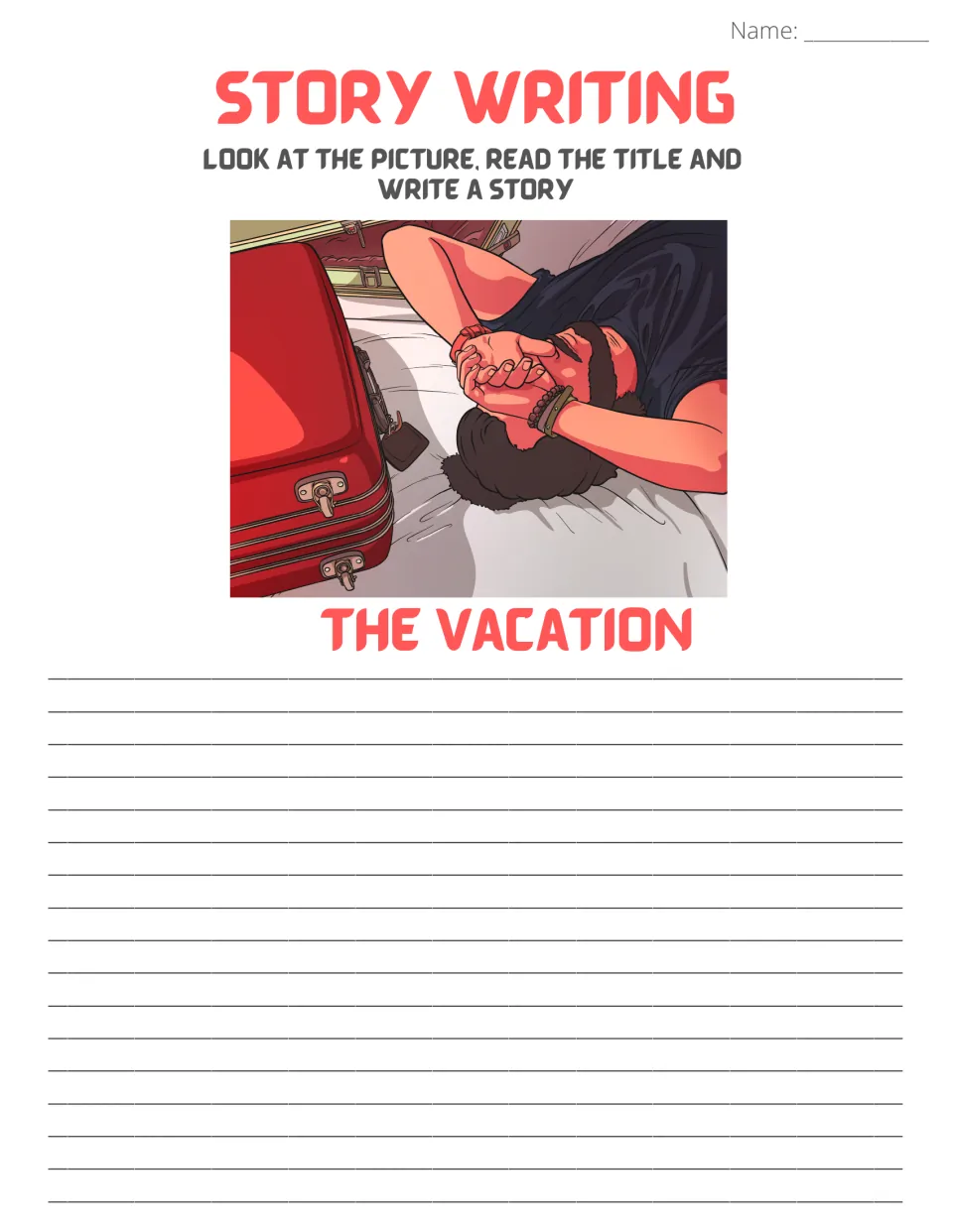 Story writing prompt 'The Vacation': students look at a person lying on a bed beside a red suitcase and write a story