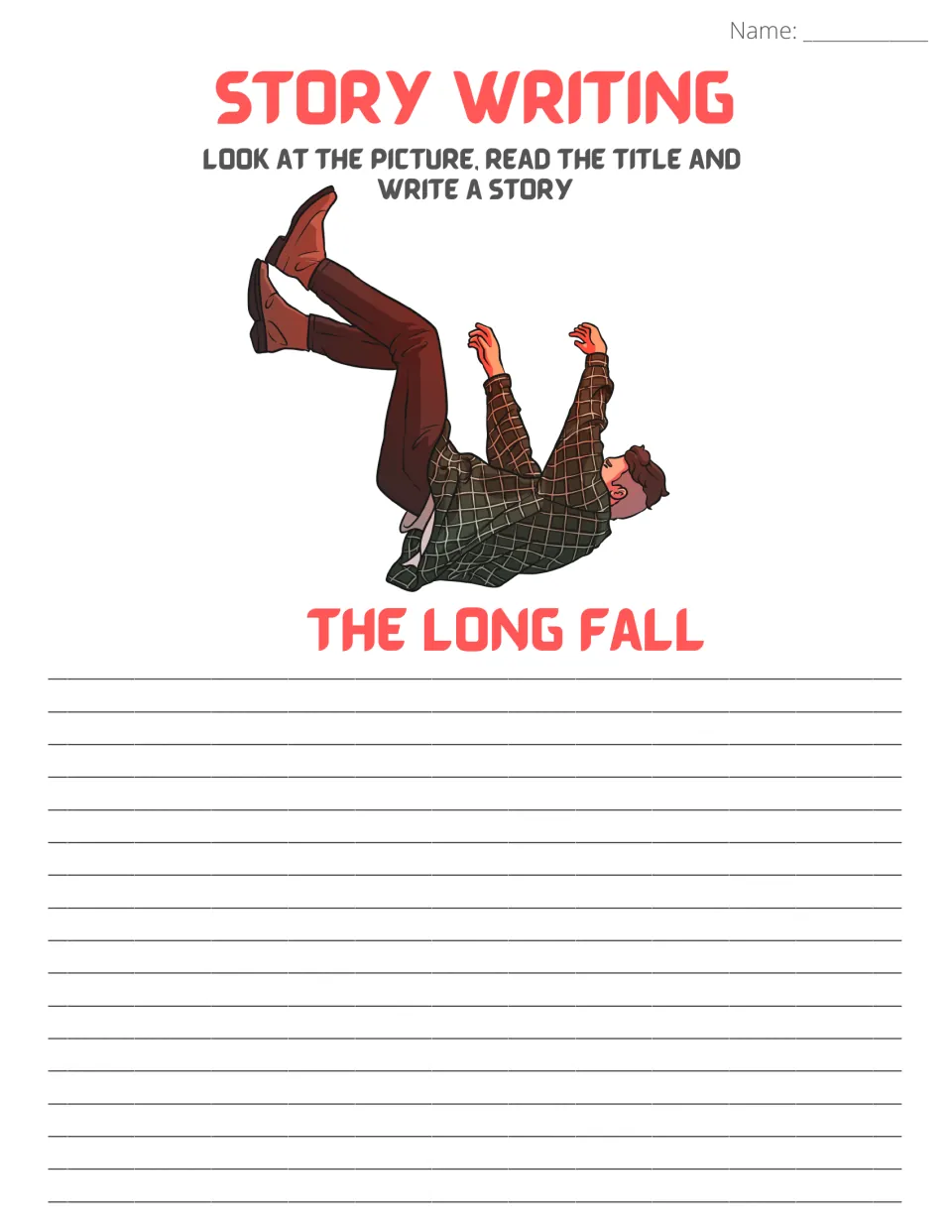 Story writing prompt 'The Long Fall': students look at a man in a plaid jacket tumbling through the air and write a story