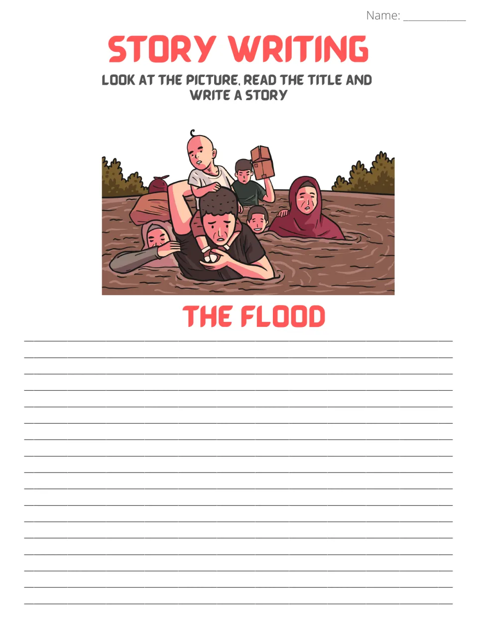 Story writing prompt 'The Flood': students view a people wading through brown floodwater carrying a child and write a story