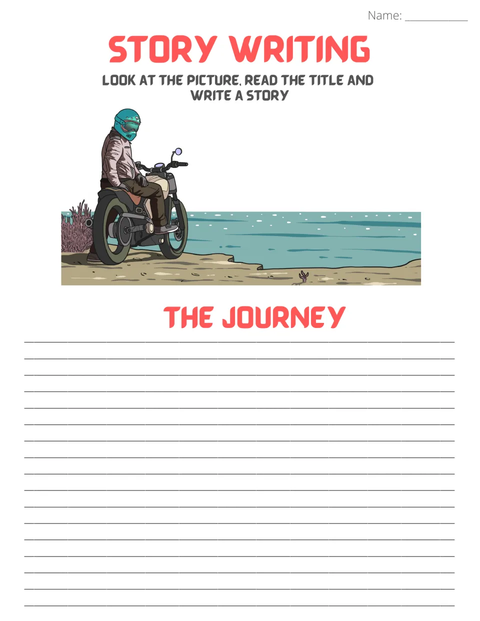 Story writing prompt 'The Journey': students look at a helmeted rider on a motorbike by the sea and write a story