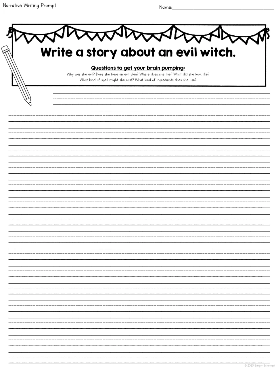 Evil witch story prompt: students write a narrative guided by questions about her plan, home, looks, spells and ingredients