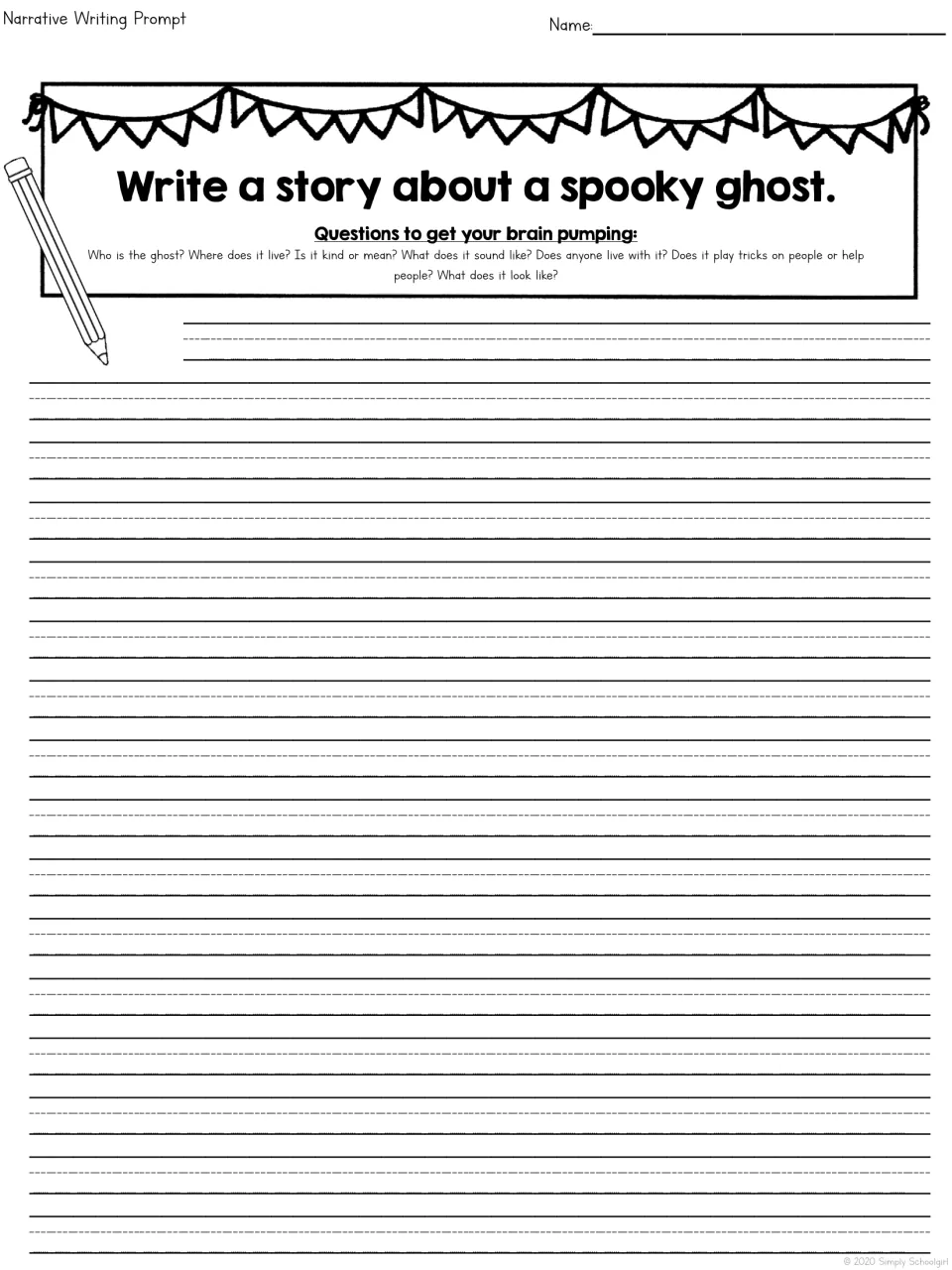 Spooky ghost story prompt: students write a narrative using questions on who it is, where it lives and its tricks