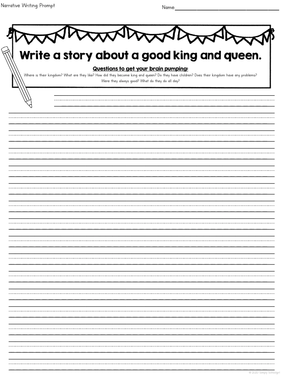 Good king and queen story prompt: students write guided by questions on their kingdom, children, problems and daily life
