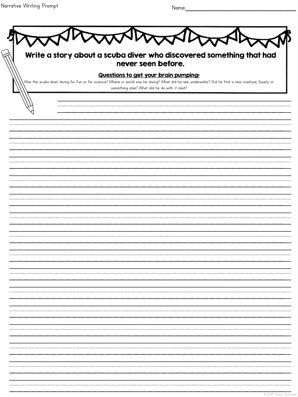 Scuba diver story prompt: students write about an underwater discovery such as a new creature or fossils