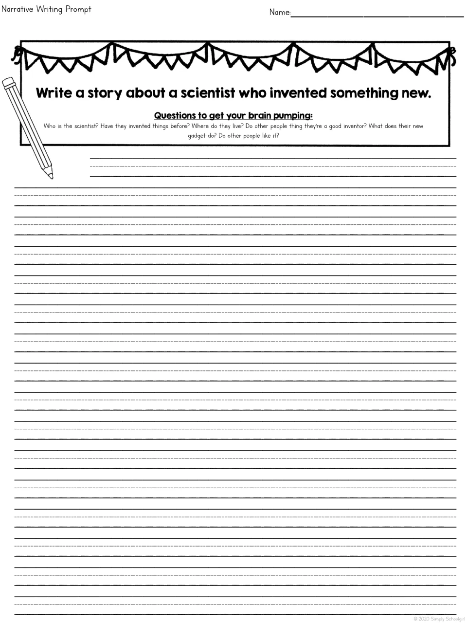 Inventor story prompt: students write about a scientist's new invention, using questions on what the gadget does