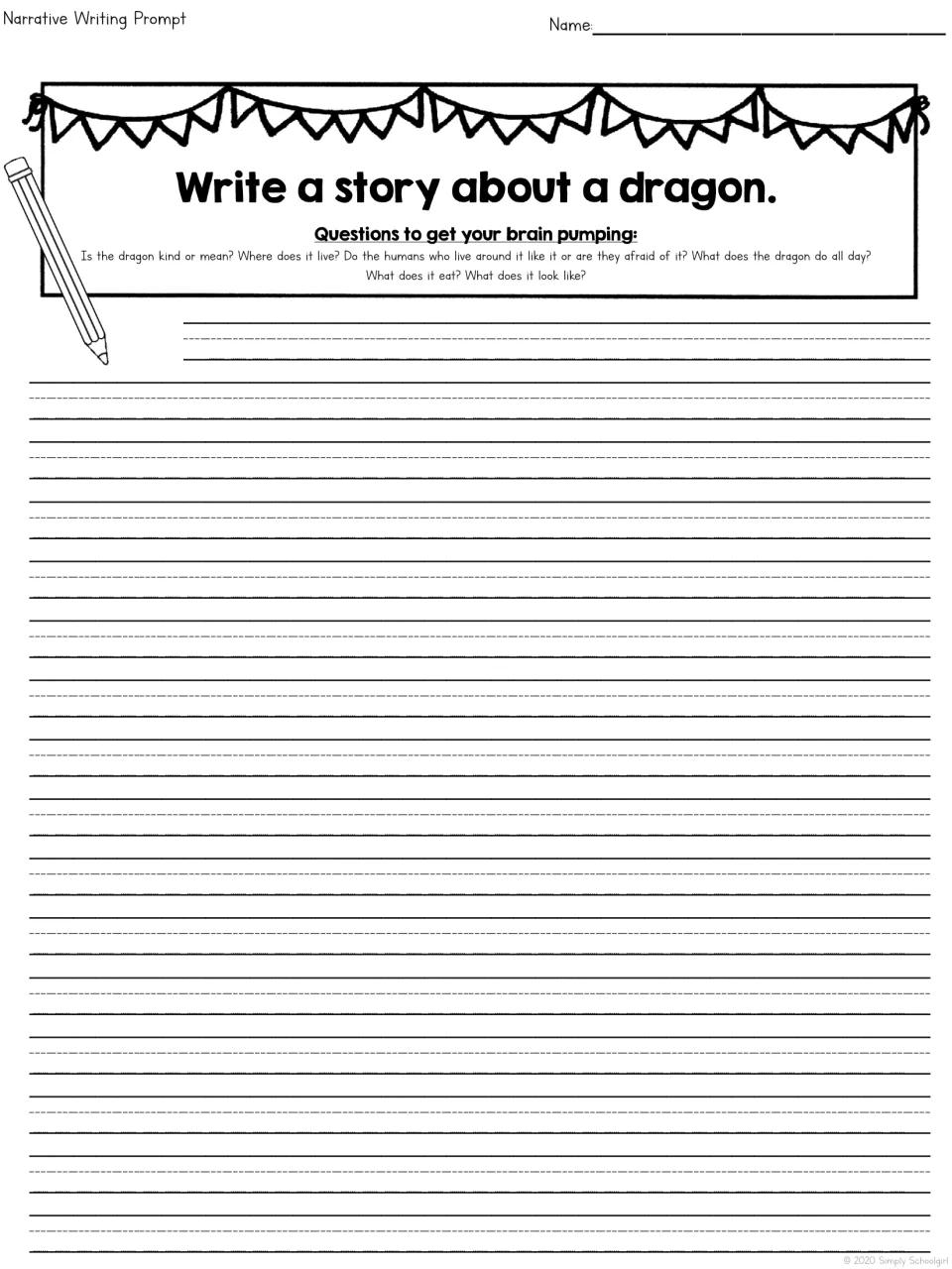 Dragon story prompt: students write guided by questions on whether it is kind or mean, where it lives and what it eats