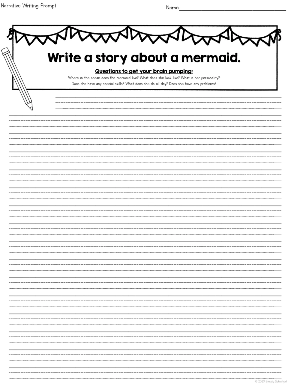 Mermaid story prompt: students write a narrative using questions on her ocean home, personality, special skills and problems