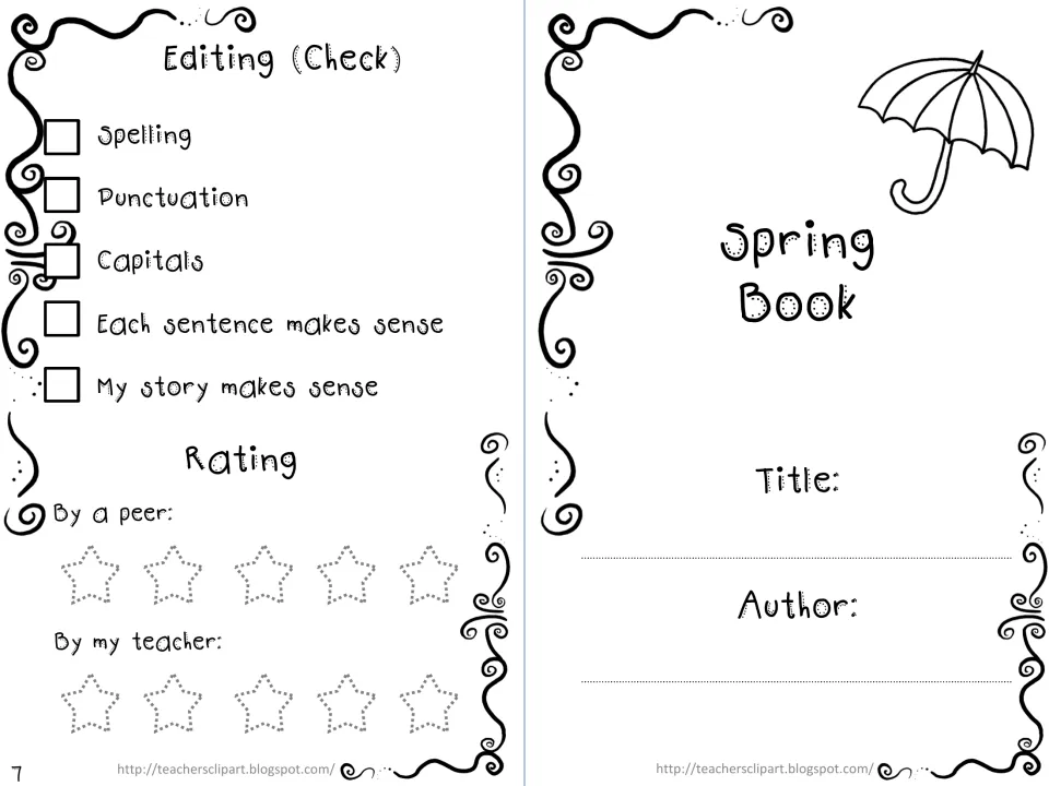 Spring mini book cover and editing checklist for spelling, punctuation, capitals, and story clarity