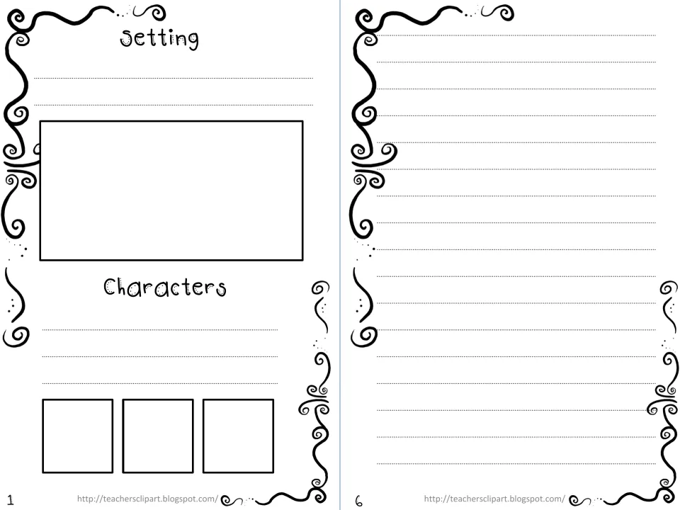 Spring mini book pages 1 and 6: setting and character planning with drawing spaces, plus a writing page