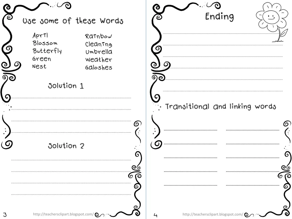 Spring mini book pages 3 and 4: seasonal vocabulary, two solutions, an ending, and linking-word planning