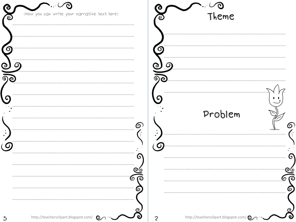 Spring mini book pages 5 and 2: narrative drafting space and prompts to plan the story's theme and problem