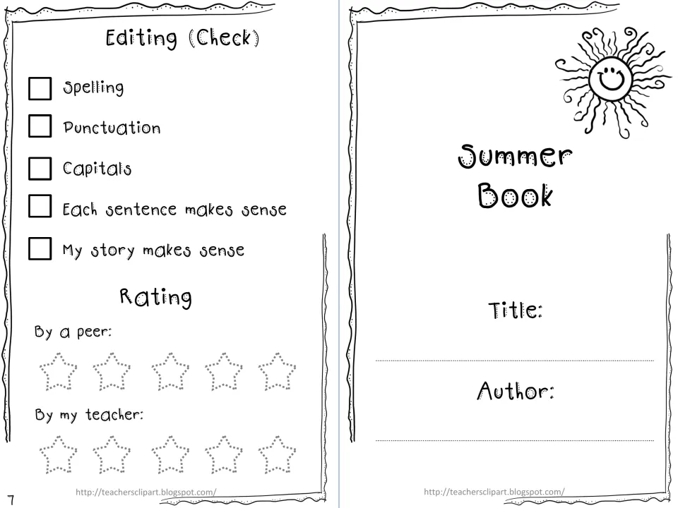 Summer mini book cover and editing checklist, including sentence and story clarity checks and ratings