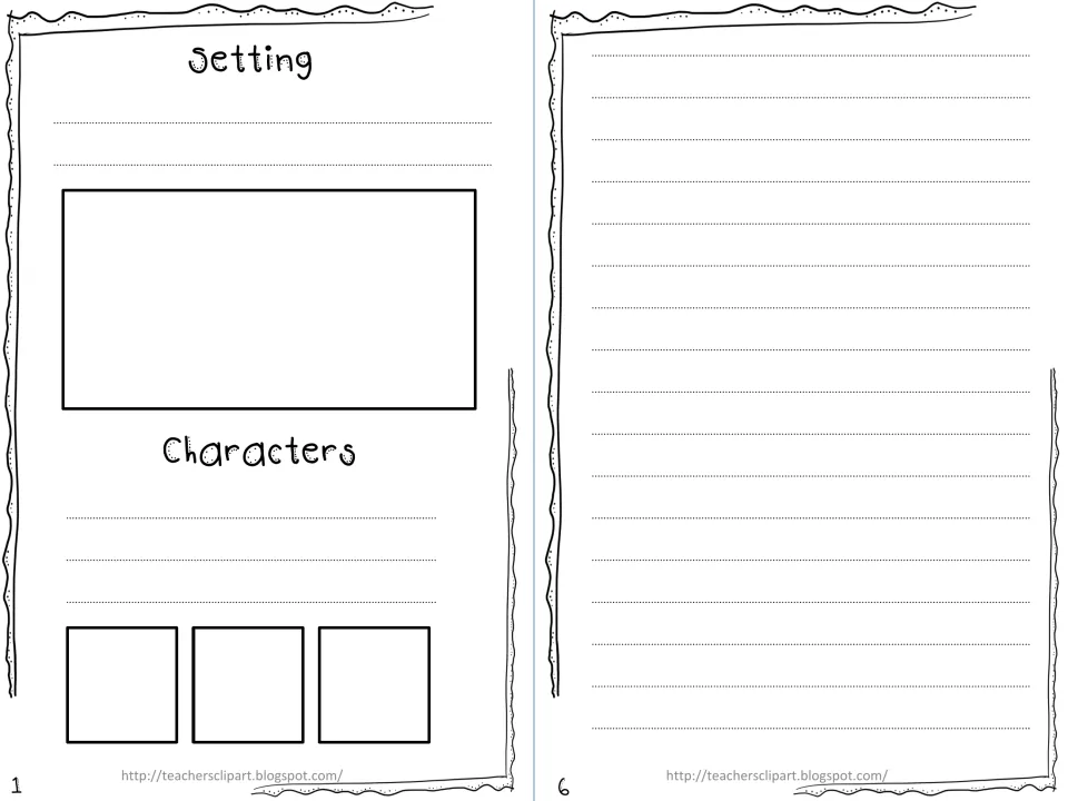 Summer mini book pages 1 and 6: setting and character planning with drawing spaces and room to write