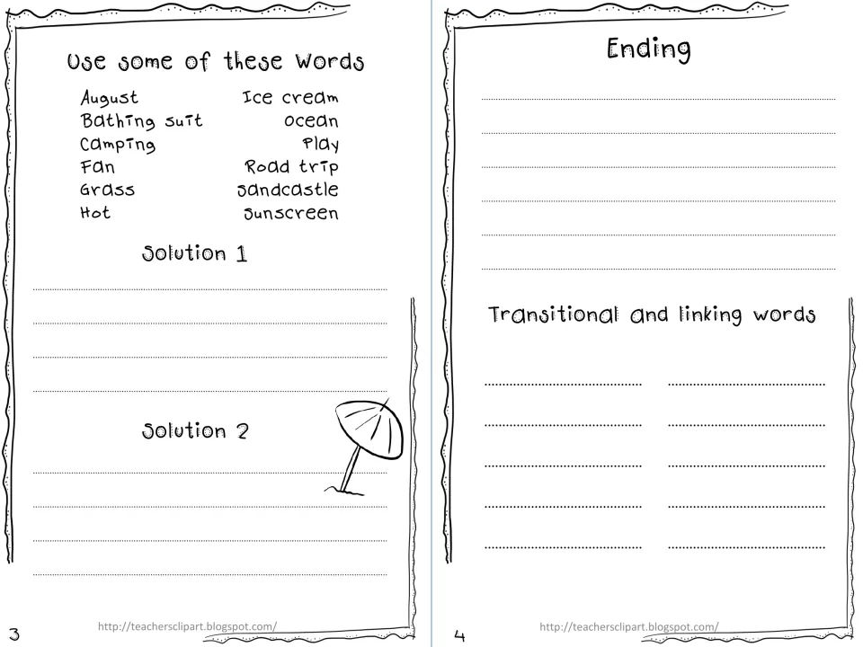 Summer mini book pages 3 and 4: words such as camping and ocean, two solutions, ending, and linking words