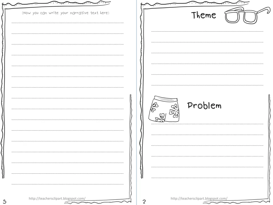 Summer mini book pages 5 and 2: space to draft a narrative and prompts for the story's theme and problem